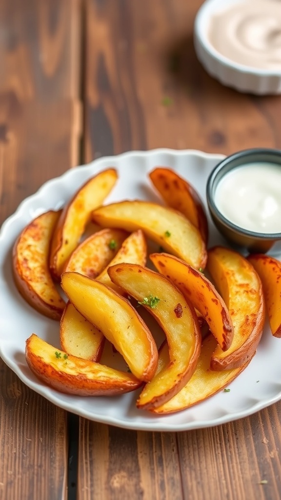 Crispy Air Fryer Jo Jo Potatoes Recipe Crispy Jo Jo potato wedges served on a plate with dipping sauce.